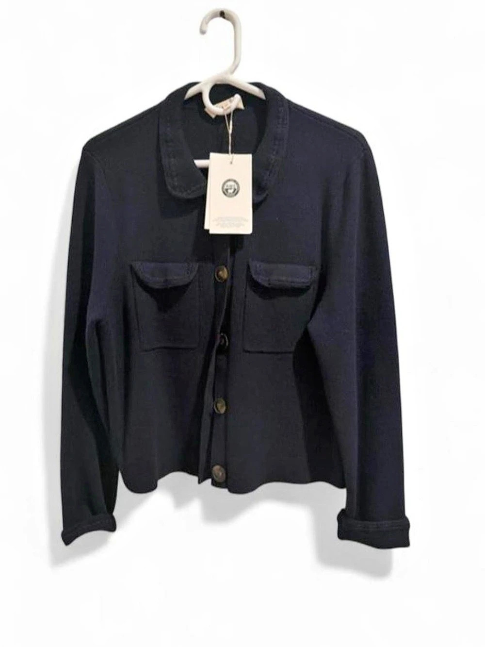 Sezane Navy Blue Betty Merino Wool Crochet Trim Cardigan Jacket XXL